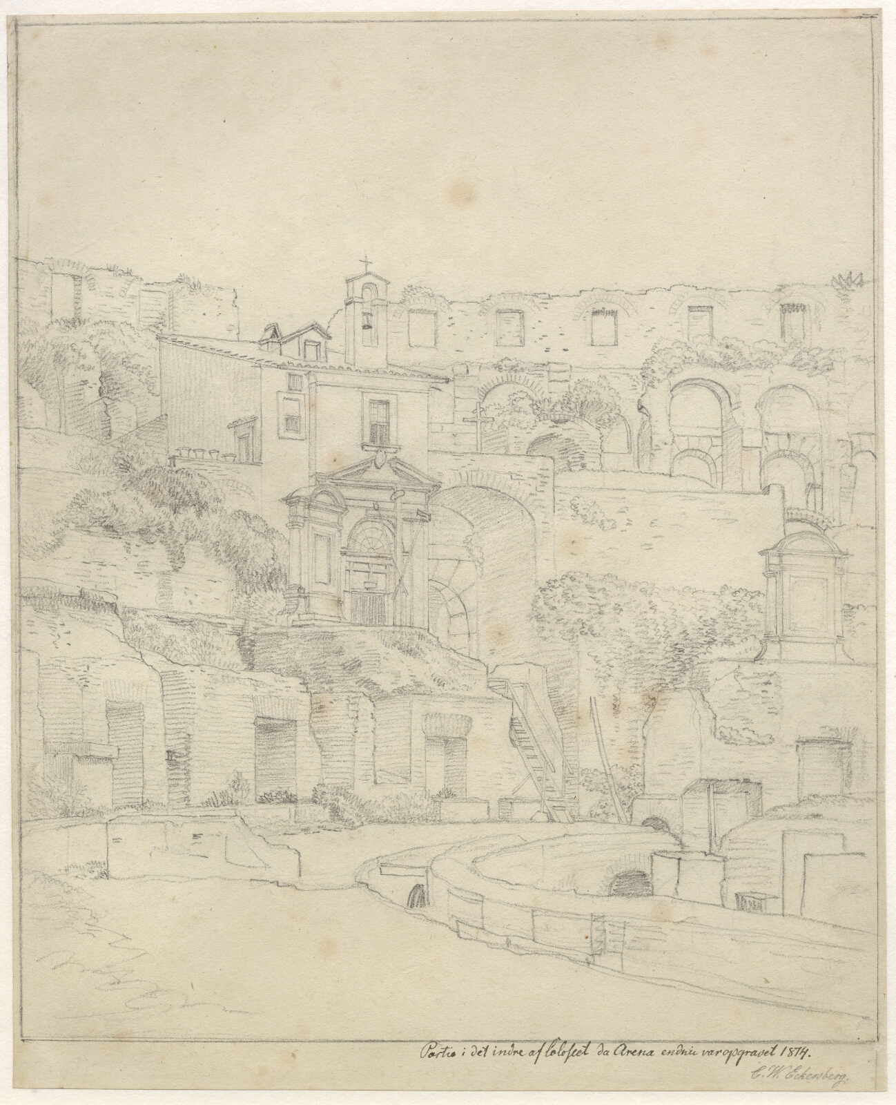 C.W. Eckersberg, Parti af det indre Colosseum da arenaen endnu var opgravet. Arenaens sydøstlige del med kapellet og hovedingangen.