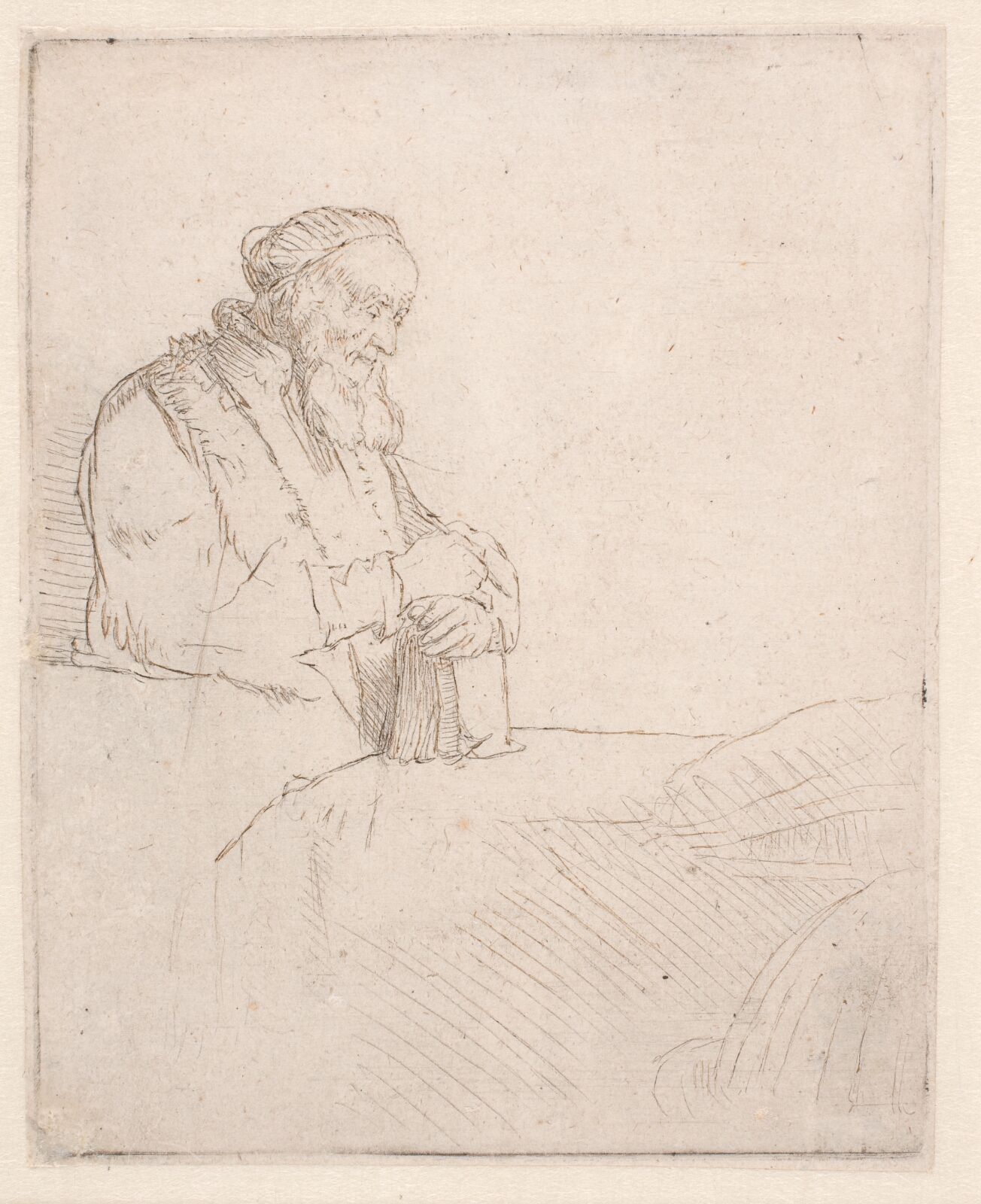 Rembrandt van Rijn, Gammel mand, i tanker med hænderne på en bog