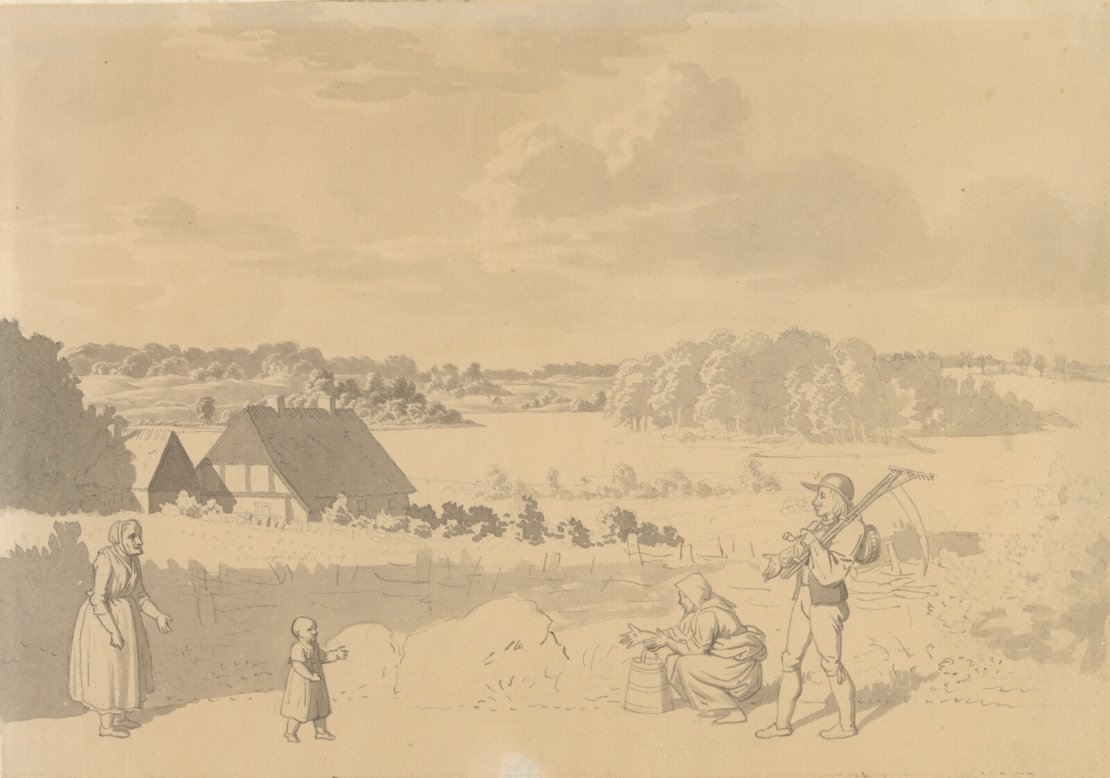 C.W. Eckersberg, Landskab med en sø, omgivet af skov og marker, i forgrunden bønder, der leger med et lille barn