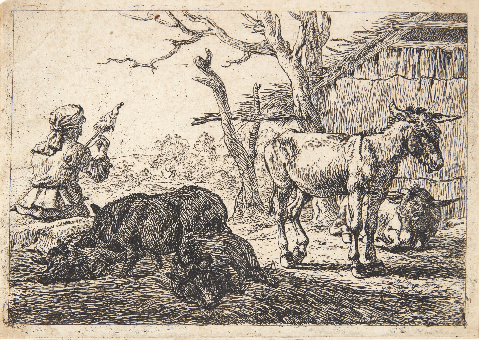 Pieter van Laer, En kvinde spinder garn omgivet af æsler og svin
