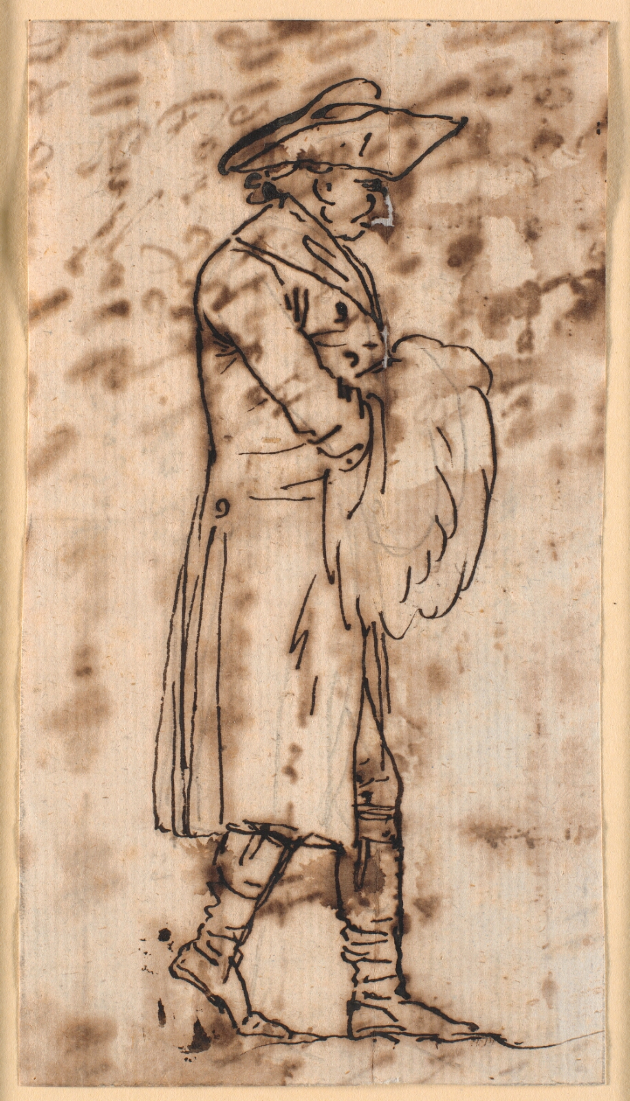 Nicolai Abildgaard, Karikatur med en gående mand med hænderne i en muffe, i profil t.h.