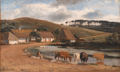 Cows being Watered at a Village Pond. Brofelde, Zealand, Lundbye, Johan Thomas, 1844