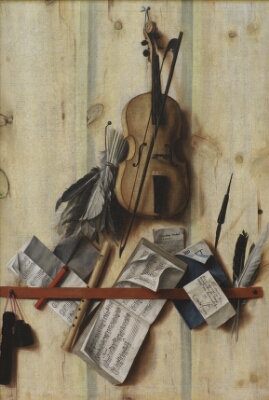 Trompe l'oeil with Violin, Music Book and Recorder
