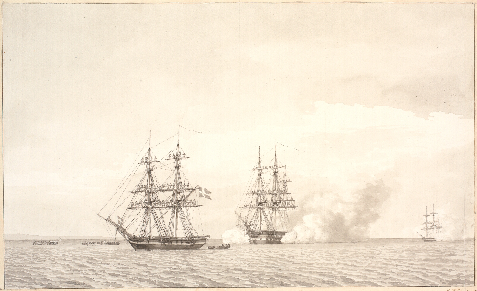 C.W. Eckersberg, Krigsskibene salutere idet Kronprins Frederik og Gemalinde ro ind til Kjøbenhavn den 22 juni 1841.Fremstillet er briggen Allart, linieskibet Christian Vlll og kovetten Flora.
