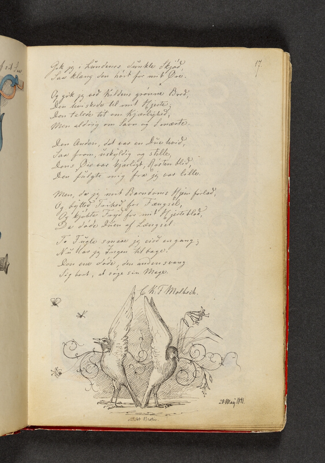 Johan Thomas Lundbye, To duer med vingerne rejst, der står symmetrisk med halerne mod hinanden. Der er en ornamentranke i baggrunden. Hertil vers. Side 17