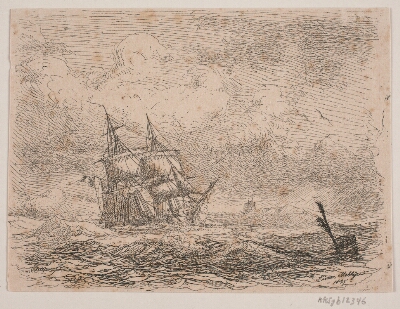 En brig i oprørt sø, Melbye, Anton, 1845