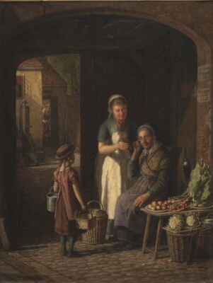 En tjenestepige viser sin kærestes portræt til en grønthandlerske, Monies, David, 1880