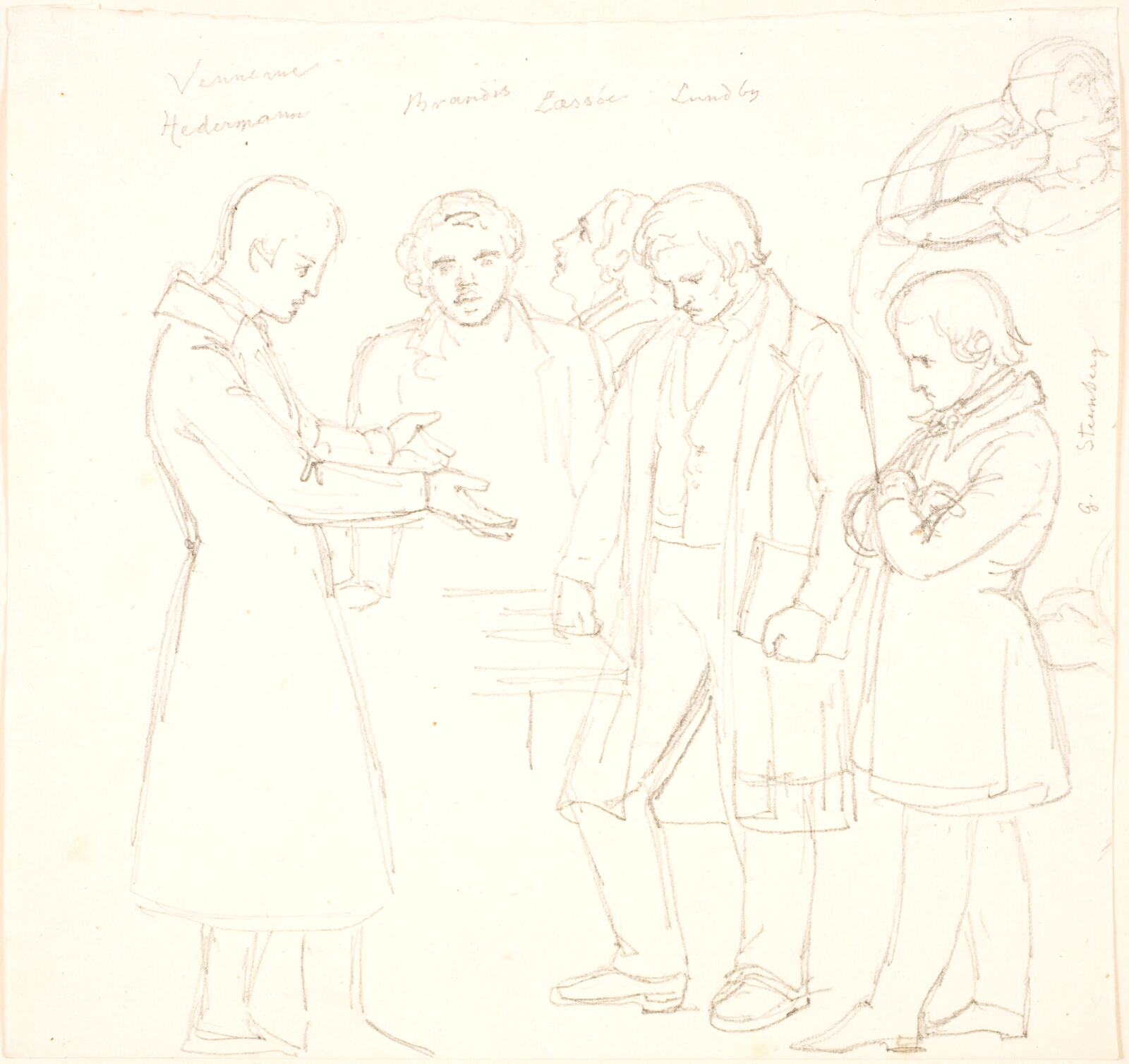 Lorenz Frølich, Fem personer stående ved et bord