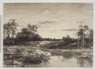 Landscape with a river or lake in the foreground, Melbye, Anton, 1856