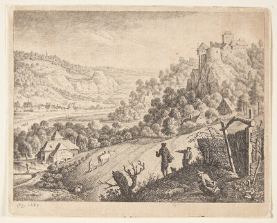 Panorama over bjergrigt landskab med en flod, i forgrunden marker, Saftleven, Herman, 1667