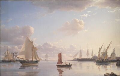 View from Langelinie towards the Royal naval Dockyards at Nyholm, Copenhagen. Morning Light