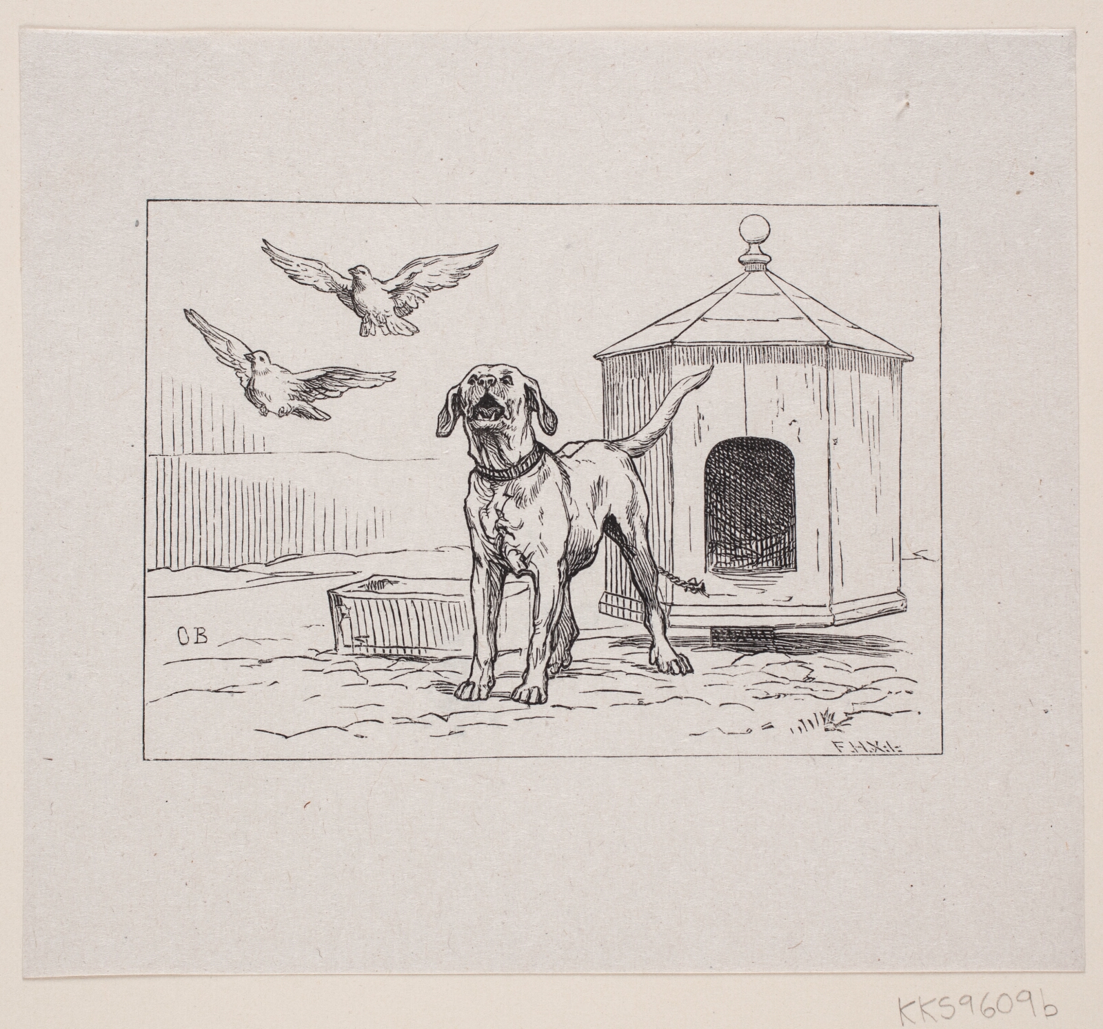 F. Hendriksen, En Lænkehund ved sit Hus