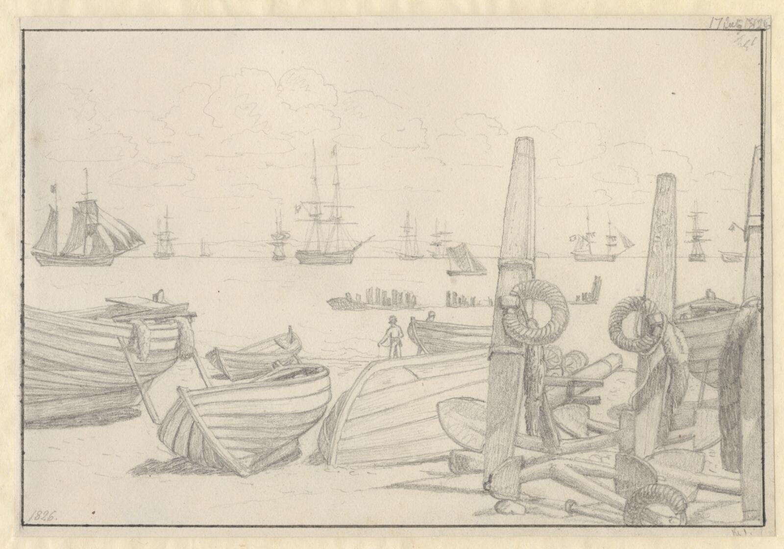 C.W. Eckersberg, Udsigt fra stranden syd for Helsingør mod vagtskibet, briggen "Falster".