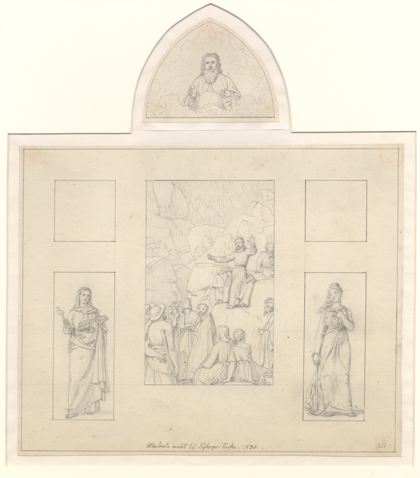 C.W. Eckersberg, Bjergprædiken, flankeret af Troen og Håbet og foroven Alvidenheden (Gudfader med Jordkloden).