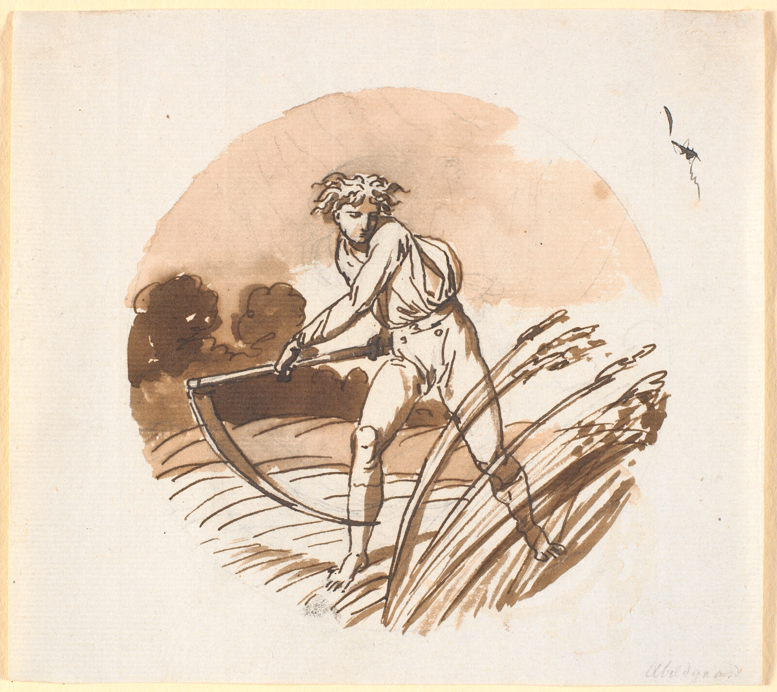 Nicolai Abildgaard, En høstmand, der svinger en le, bagvendt.