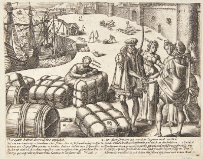 Løgn og bedrag forstyrrer en ordentlig handel, Goltzius, Hendrick, 1574-1577