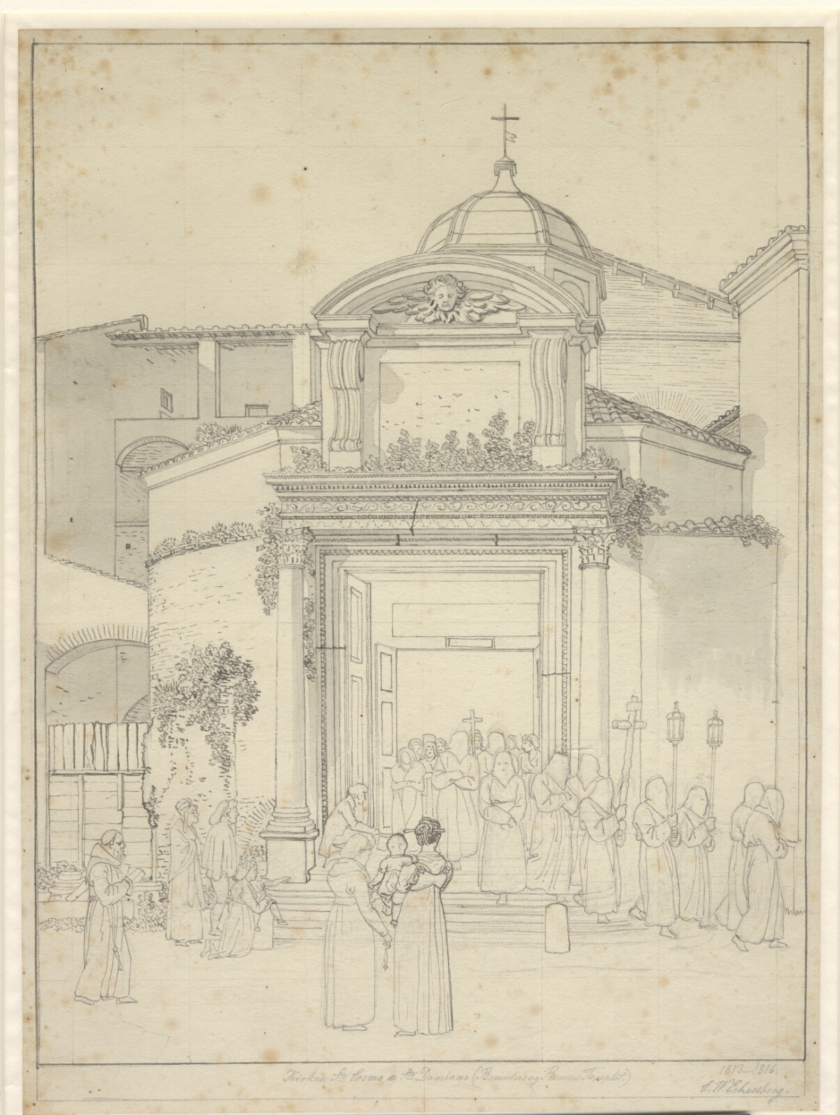 C.W. Eckersberg, Kirken sta. Cosmos e Sta. Damians (Romolus og Remus Templet) med munke i procesion, der kommer ud af kirkedøren.
