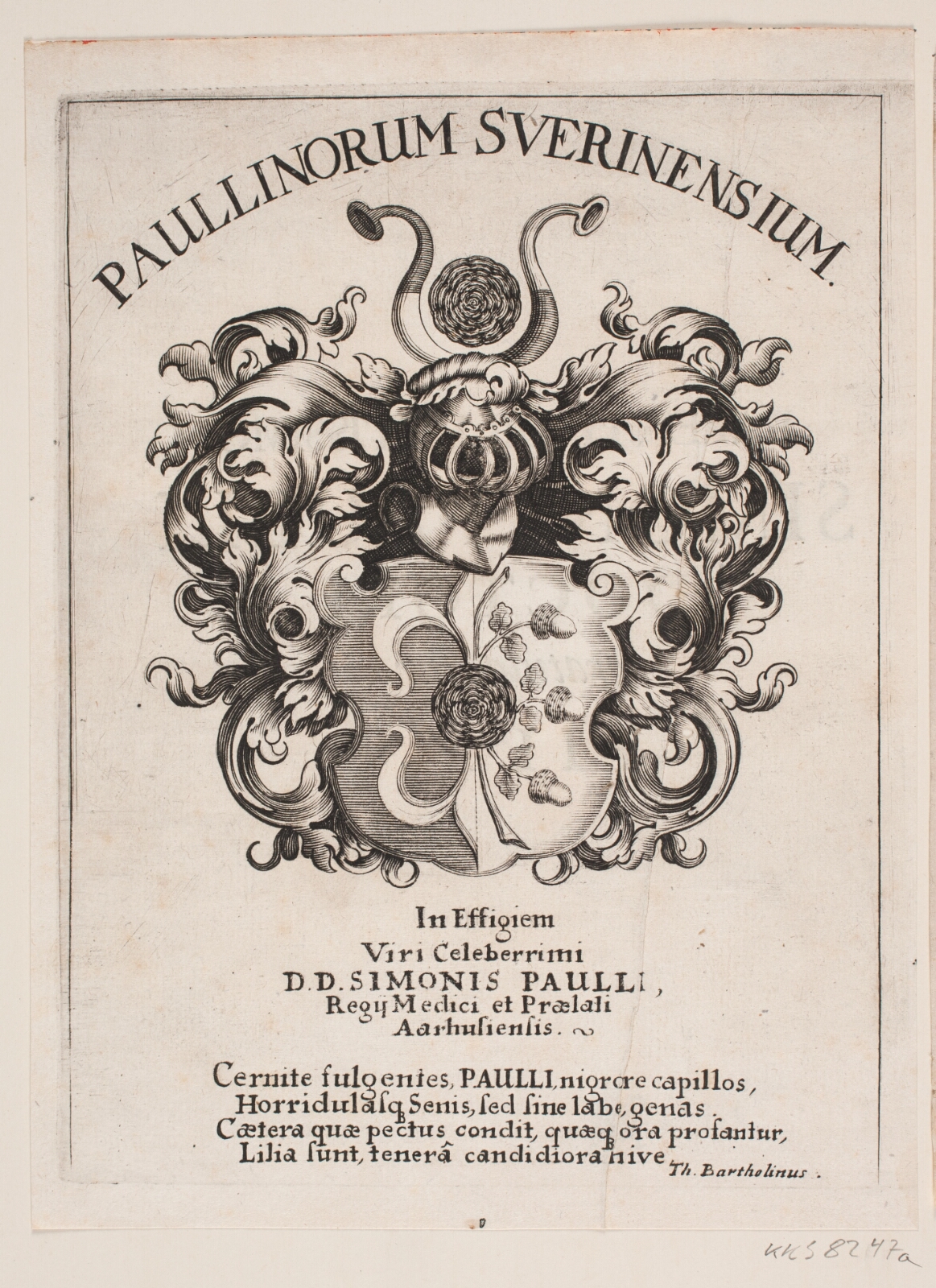 Albert Haelwegh, Simon Paullis våbenskjold. Illustration til Simon Paulli, "Quadripartitum Botanicum", 1667