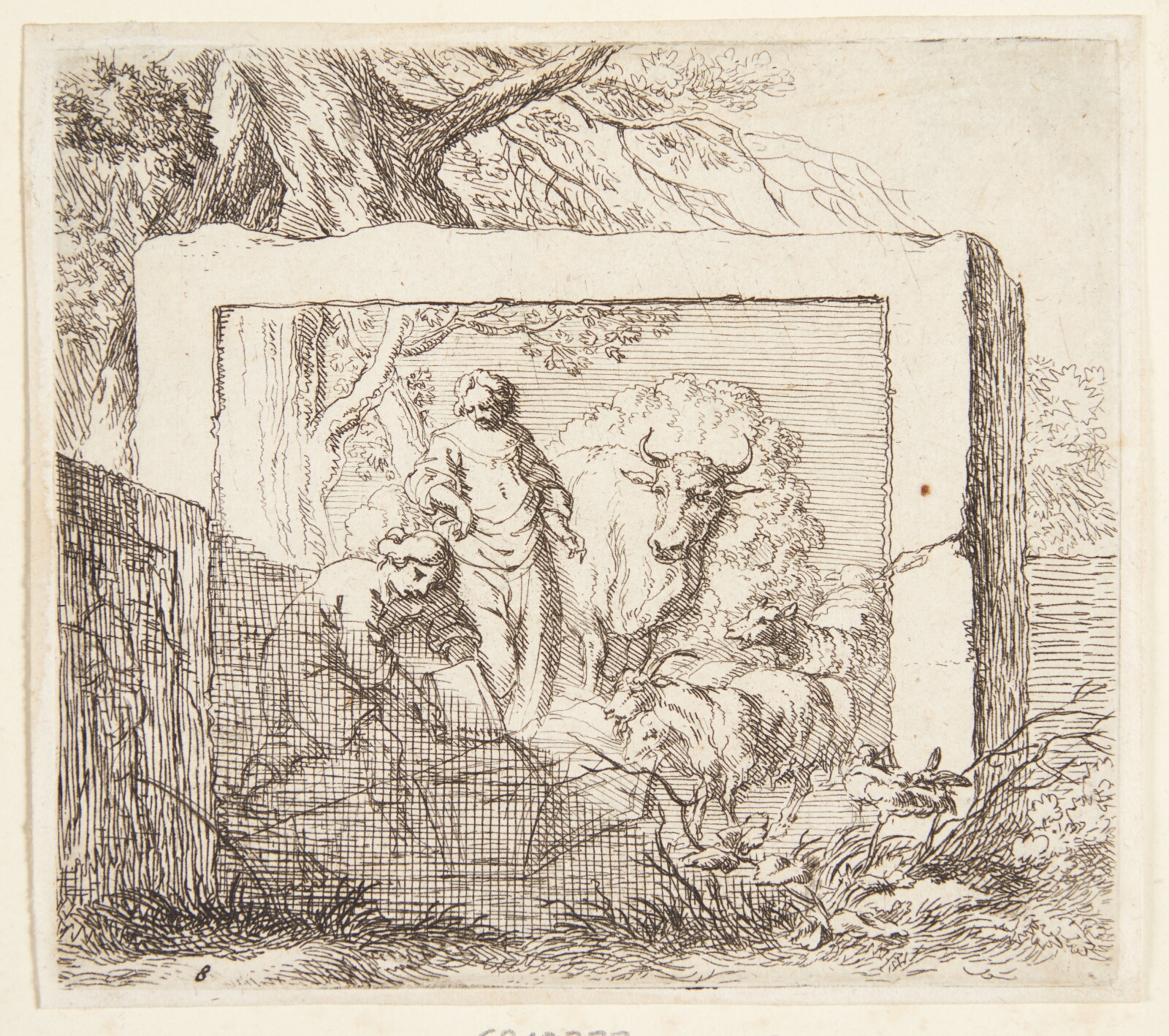 Nicolaes Berchem, Stenblok med et basrelief forestillende en hyrde, der hælder vand i et trug
