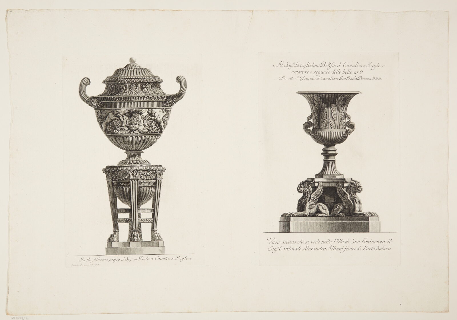 Giovanni Battista Piranesi, Vase på en trefod og vase udsmykket med akantusblade på en sokkel båret af griffer