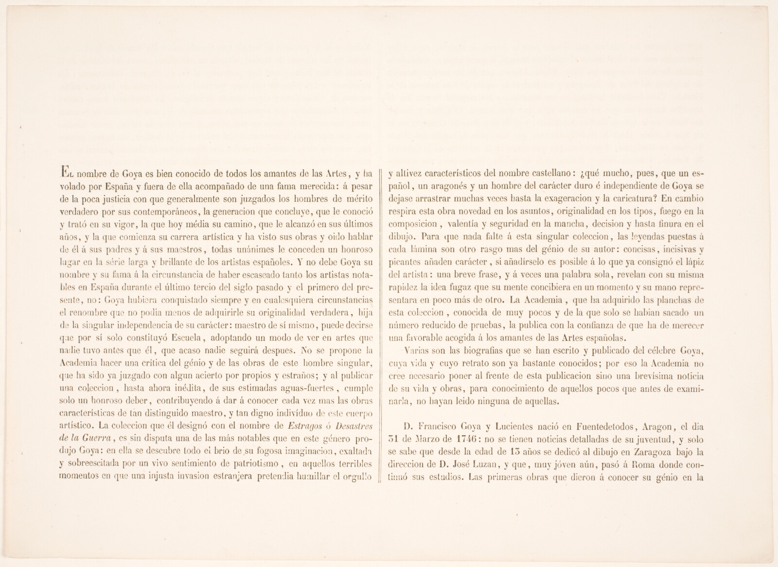 Francisco de Goya, Forord til "Los Desastres de la Guerra", 1863-udgaven