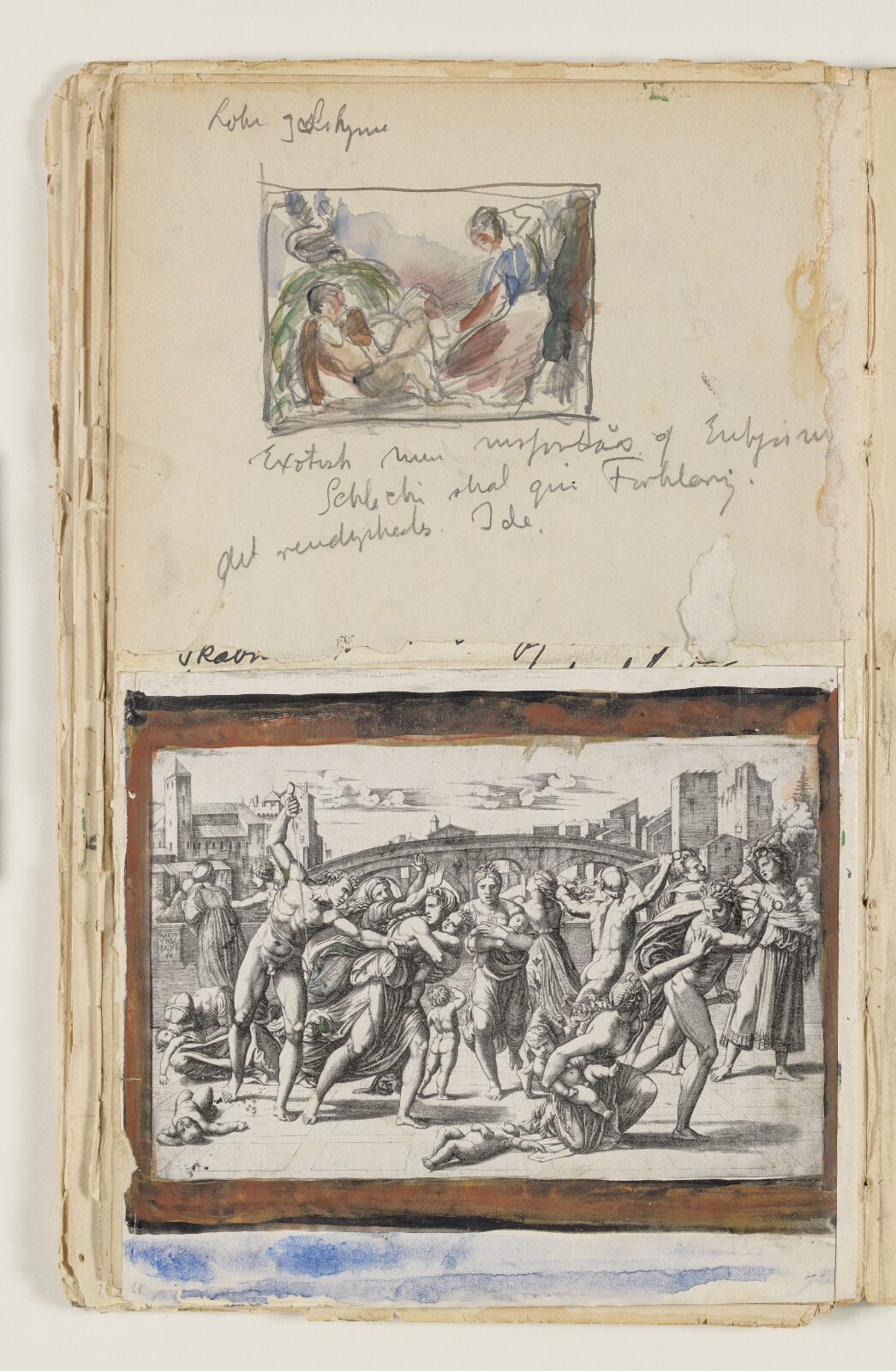 J.A. Jerichau (II), Studie til eller efter kunstnerens maleri "Loke" og "Sigyn". Desuden indklæbet foto af "Barnemordet i Bethlehem", stik af M.A. Raimondi efter Raphael