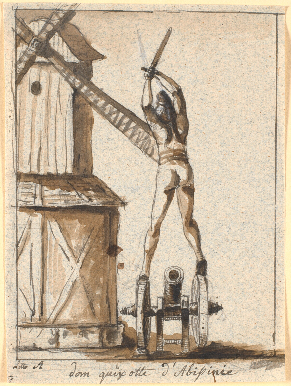 Nicolai Abildgaard, Don Quixote, stående på en kanon, med sværdet hævet mod en møllevinge