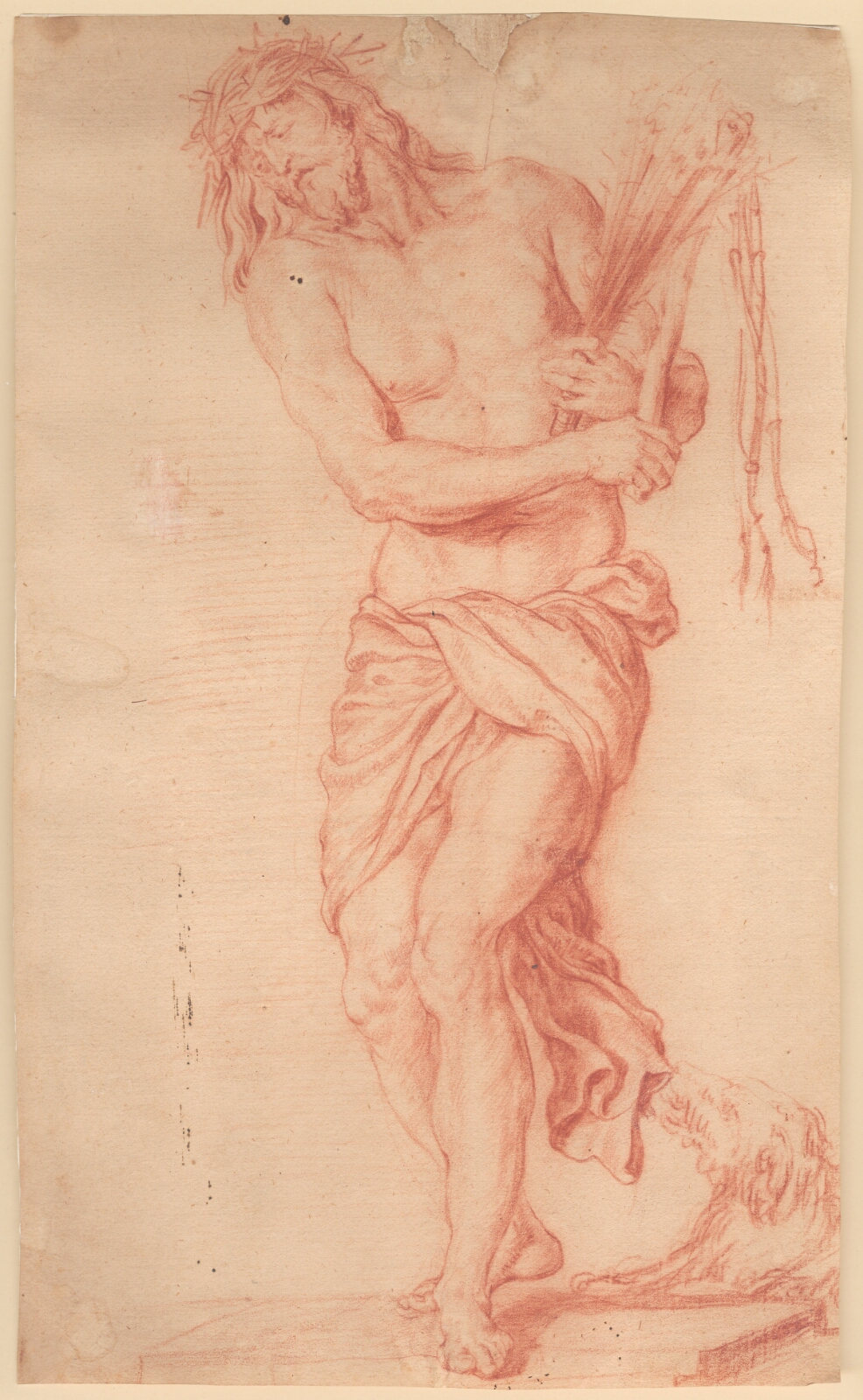Georg Petel, Ecce Homo. Stående, lidende Kristus med ris og knudepisk samt tornekrone på hovedet