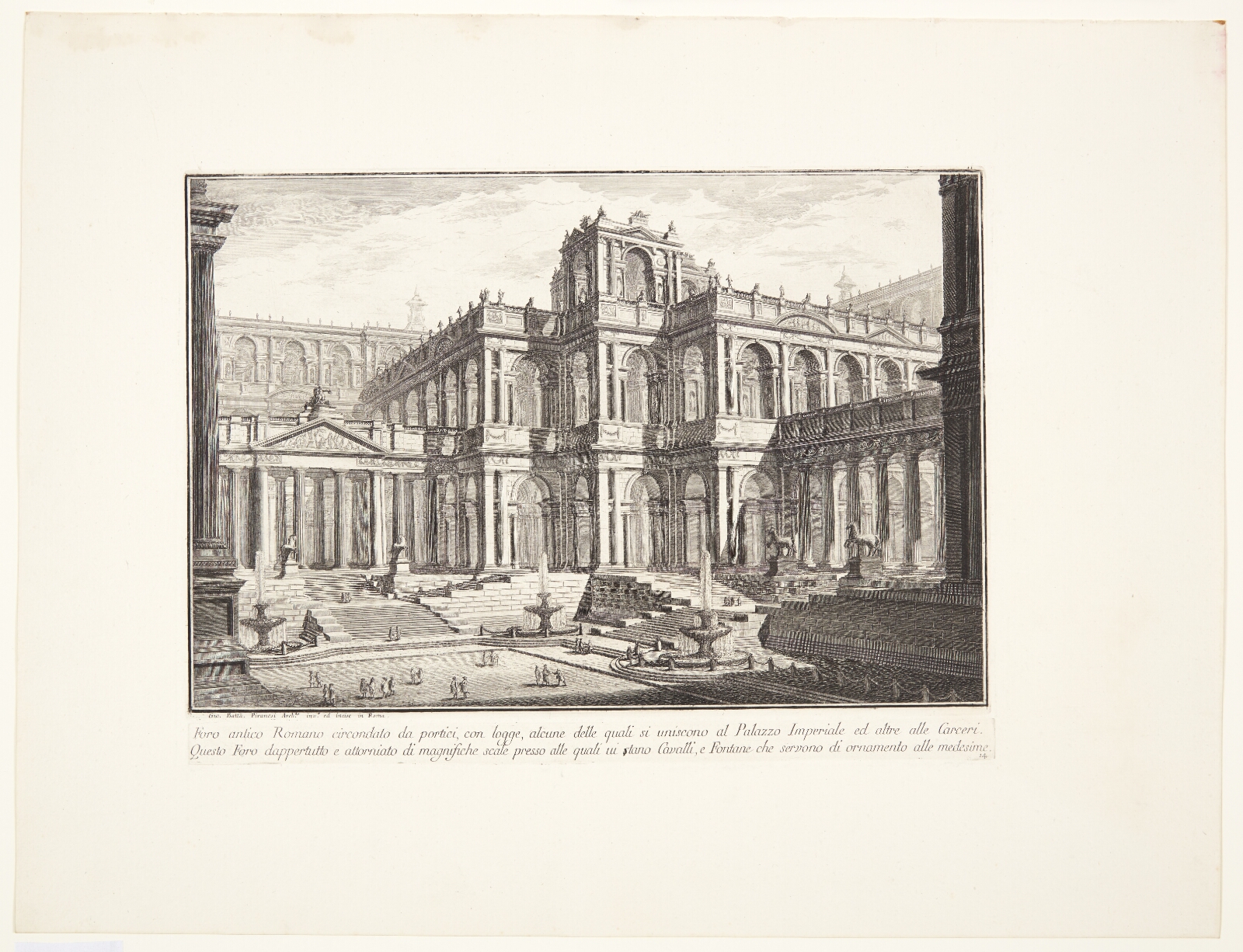 Giovanni Battista Piranesi, Antikt romersk forum omgivet af portikoer, med loggiaer, hvoraf nogle forbinder sig med det kejserlige palads andre med fængslerne ...
