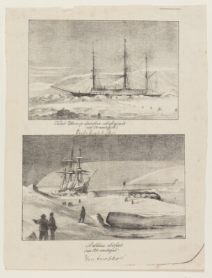 Indefrosset skib ("Tuluit Hansip ilauvfîsa ukîvfigissât"); Indefrosset skib, set forfra ("Ardlaisa ukîvfiat'"), Møller, Lars, 1878-1879