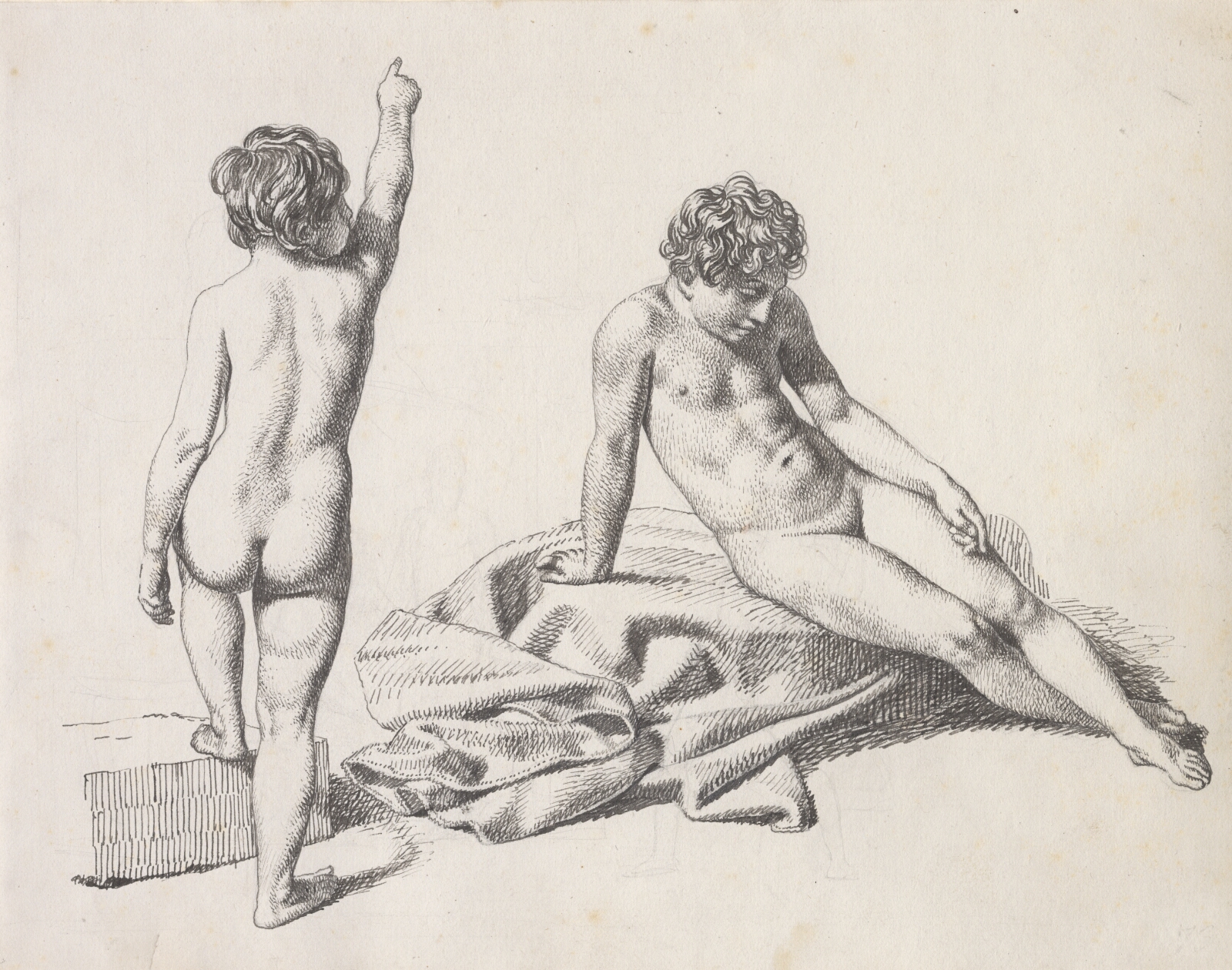 C.W. Eckersberg, To nøgne småpiger, den ene siddende set forfra, den anden stående set bagfra