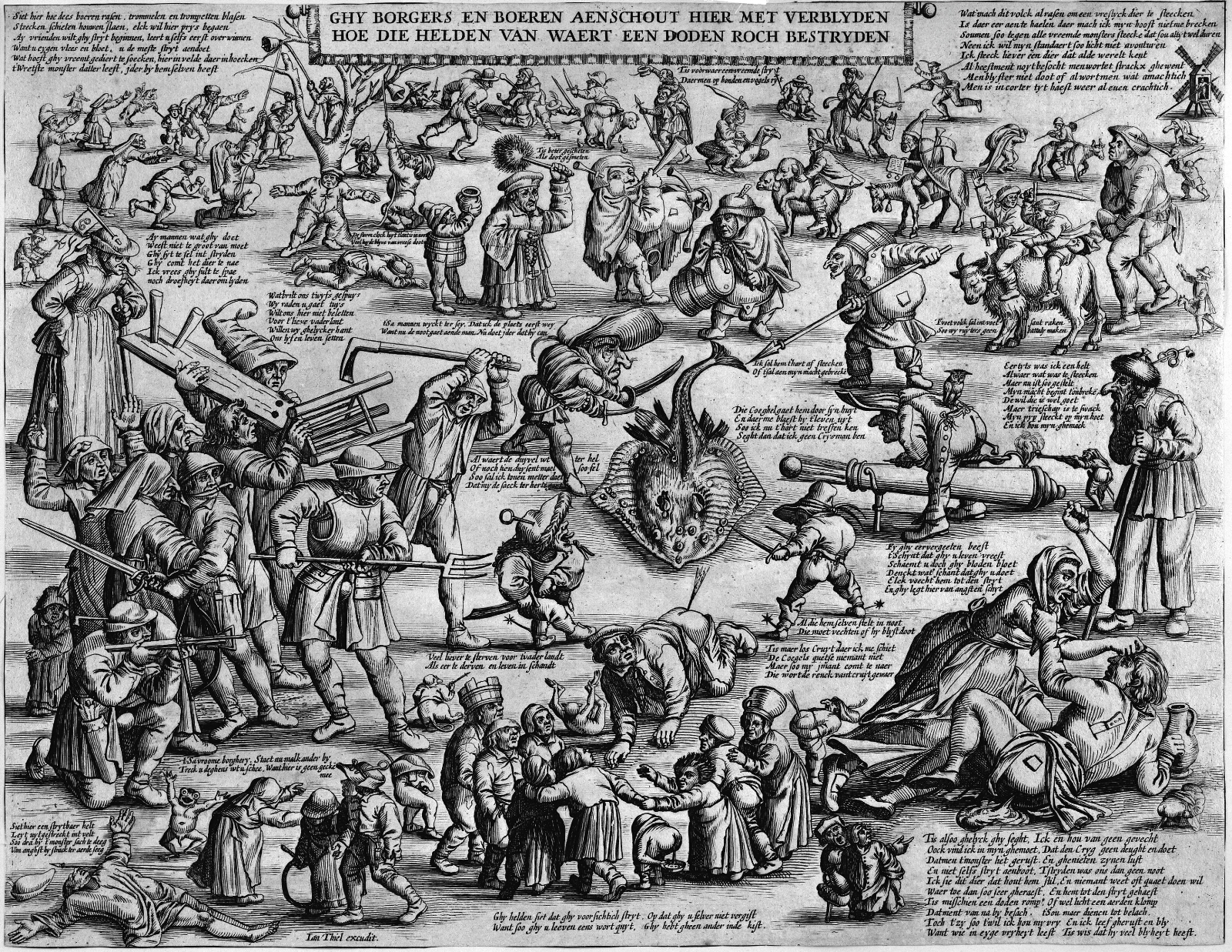 Salomon Savery, Satirisk blad med mennesker, der opfører sig upassende (Ghy borgers en boeren aenschout hier met verblyden hoe die helden van waert een doden roch bestryden)