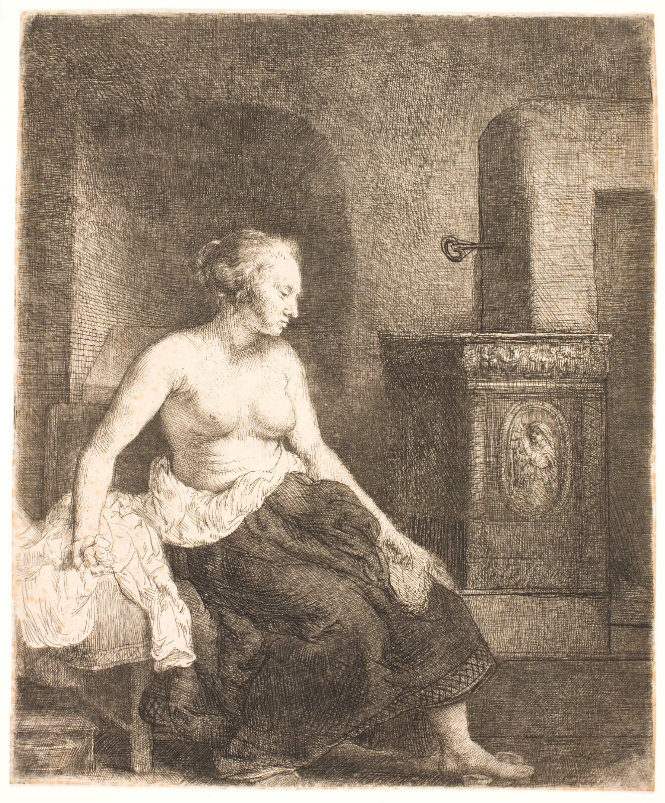Rembrandt van Rijn, Kvindelig model, halvt påklædt, siddende ved en ovn