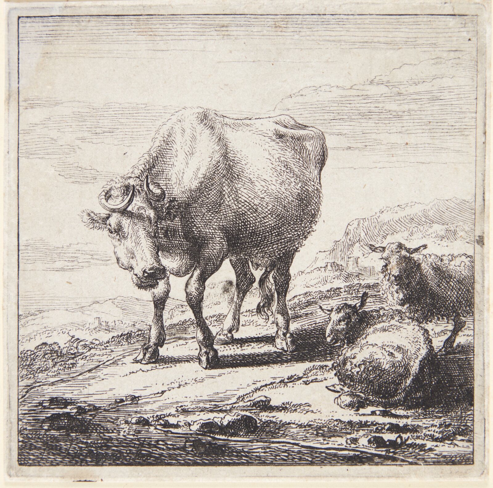 Nicolaes Berchem, Stående ko og to liggende får