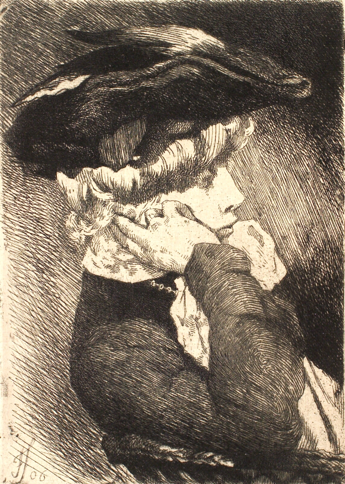 Frans Schwartz, Brystbillede af en siddende ung dame med hat, skarp profil