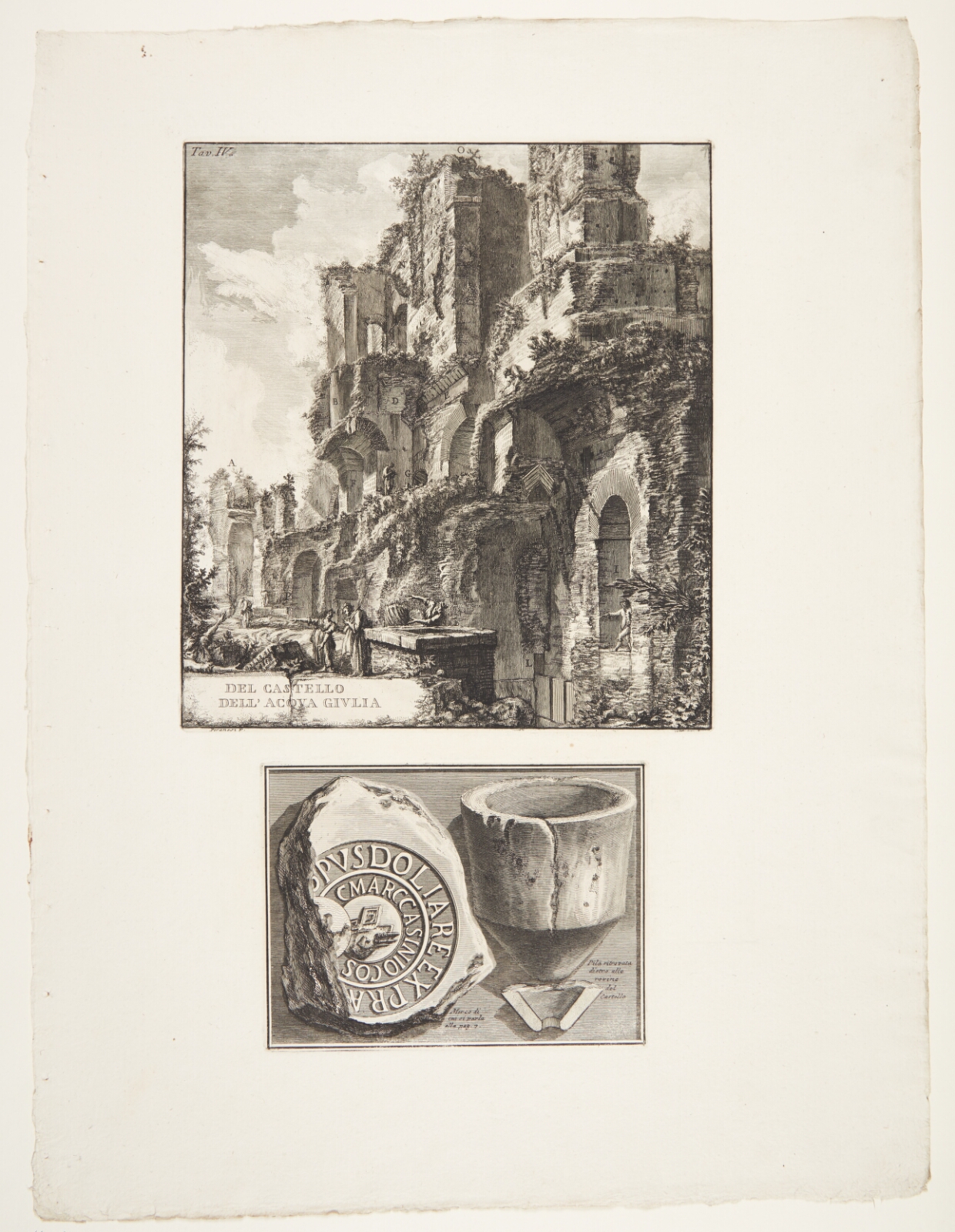 Giovanni Battista Piranesi, Fontænen Acqua Giulia, set fra siden, samt to fragmenter fra vandledningnes rørsystem