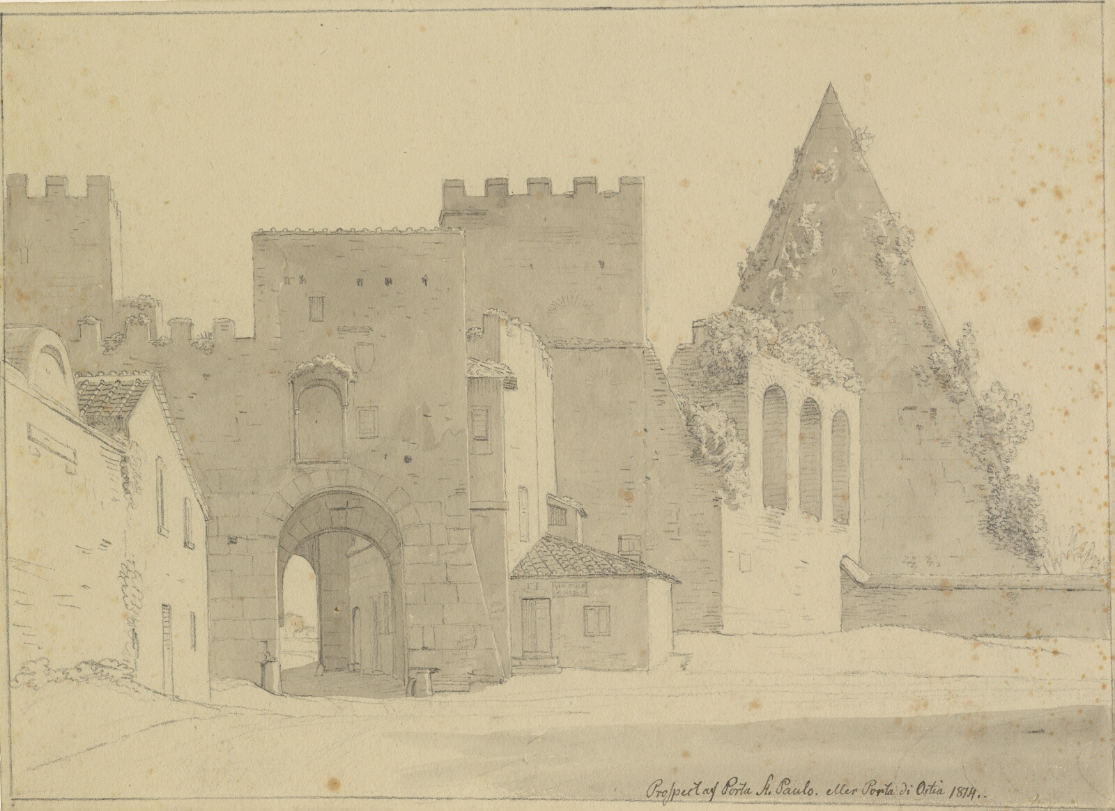 C.W. Eckersberg, Prospekt af Porta S.Paolo og Piramide di Caio Cestio set fra bysiden, Rom.