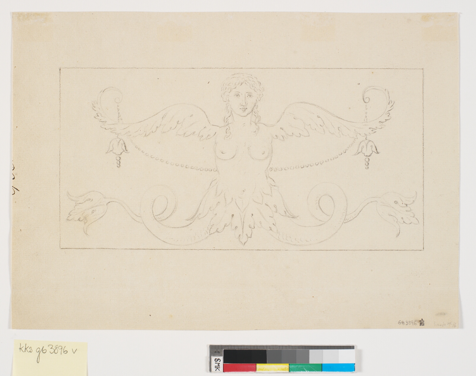 Nicolai Abildgaard, Dekorativt udkast til et dørstykke. Kvindetorso med vinger og fiskehaler, sandsynligvis en sirene eller et fantasivæsen symboliserende elementerne luft og vand