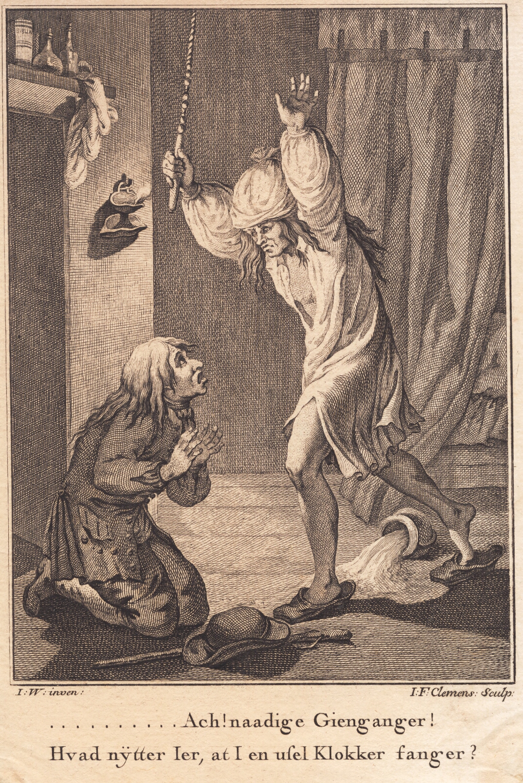 J.F. Clemens, Per Degn falder i rædsel på knæ for fogeden