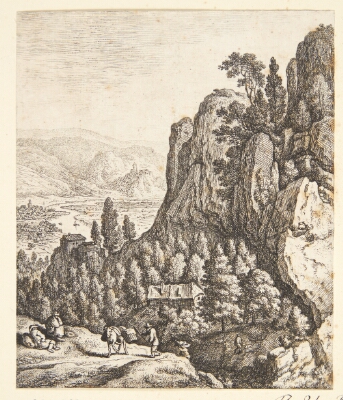 Vejfarende i et bjerglandskab, i baggrunden huse på klipper og en floddal, Saftleven, Herman, 1667