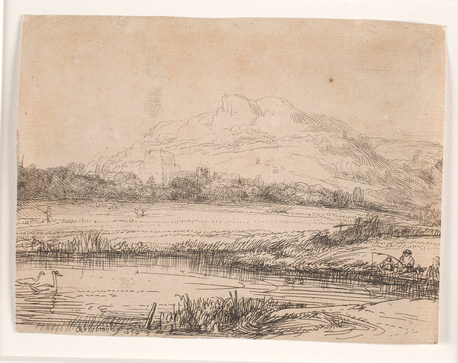 Rembrandt van Rijn, Kanal med fisker og to svaner