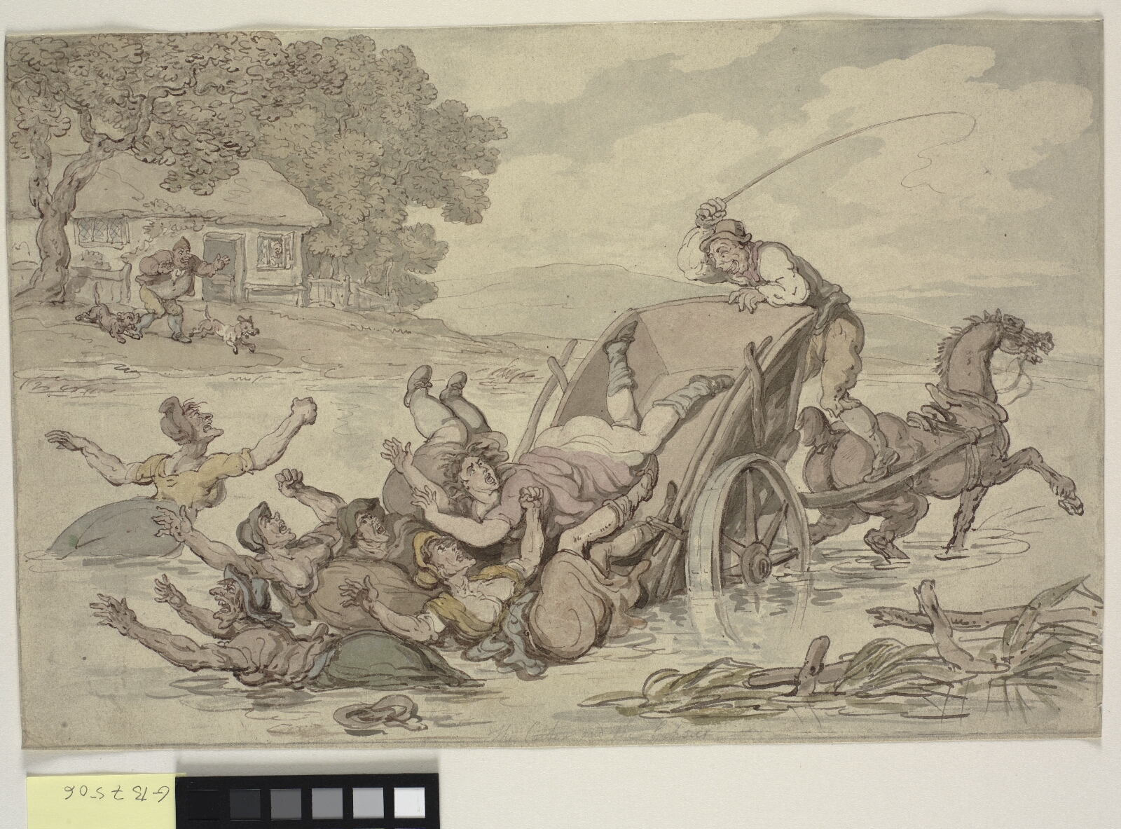 Thomas Rowlandson, En kærre med kvinder vælter midt i et vandløb