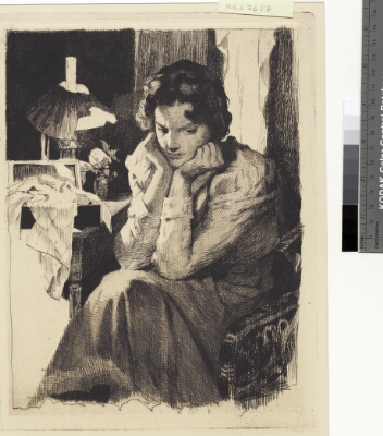 Ung pige ved sin lampe, støttende hovedet i begge hænder, Schwartz, Frans, 1897-1900