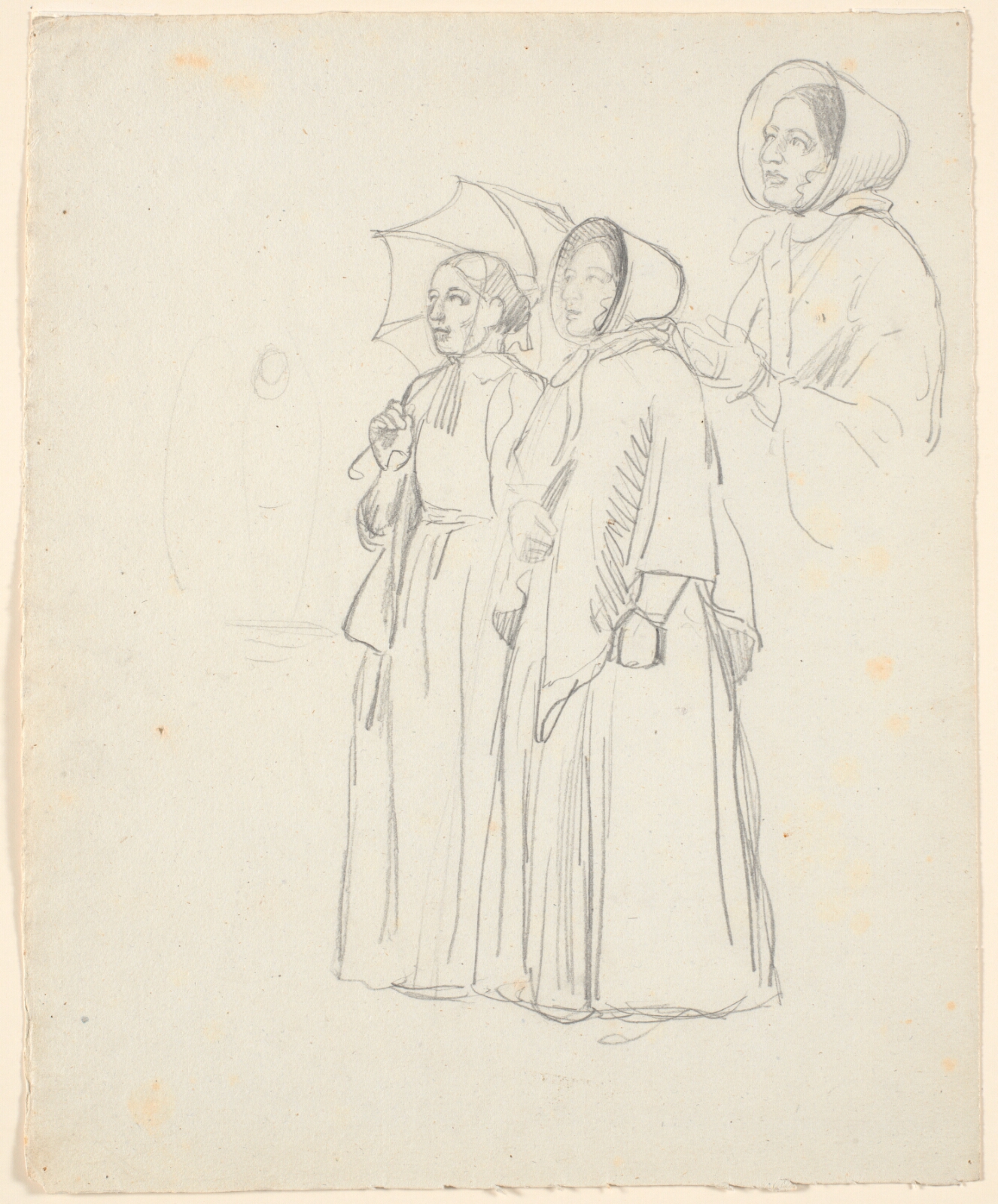 P.C. Skovgaard, To stående damer, den ene med parasol, den anden med kysehat. F.o.t.h. studie i halv figur af sidstnævnte.