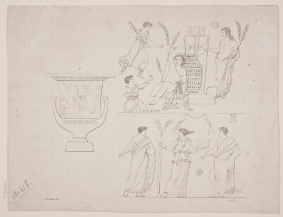 Illustrationstavle med antik vase og figurer, Bagge, Oluf Olufsen, 1780-1836