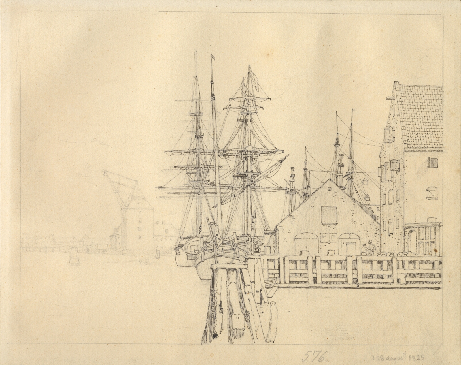 C.W. Eckersberg, Parti fra en af skibspladserne på Christianshavn, i baggrunden Mastekran.
