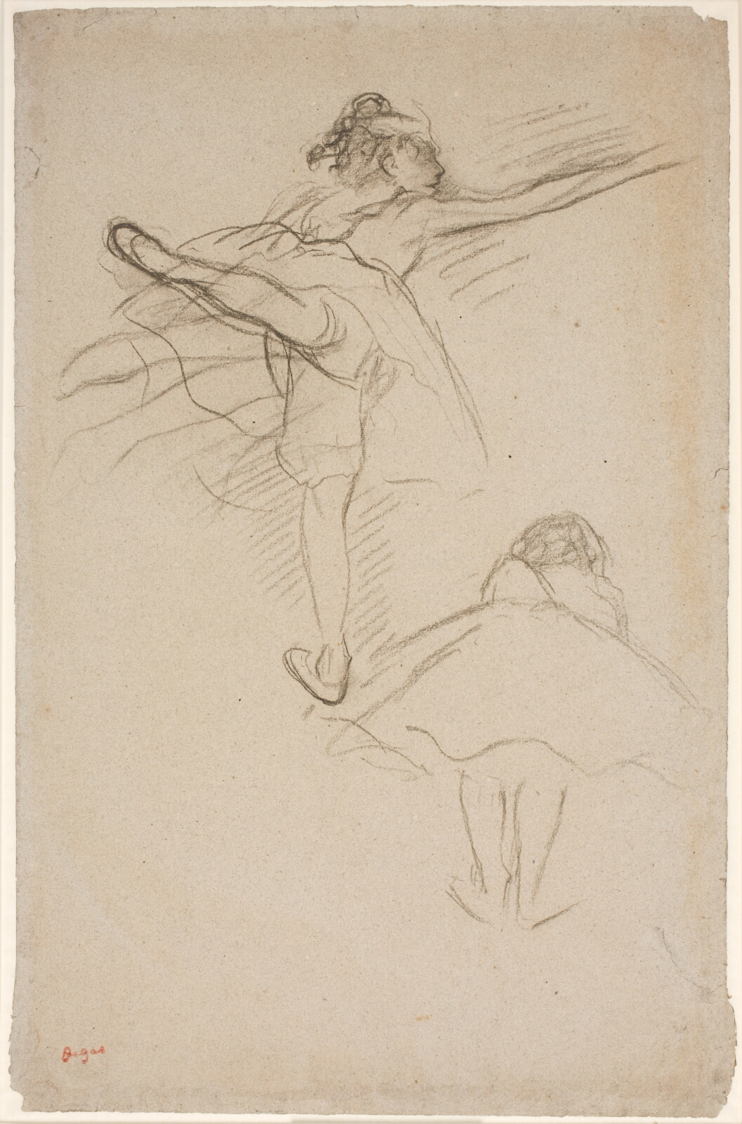 Edgar Degas, To studier af danserinder. Øverst danserinde stående på venstre ben; nederst foroverbøjet danserinde set fra ryggen