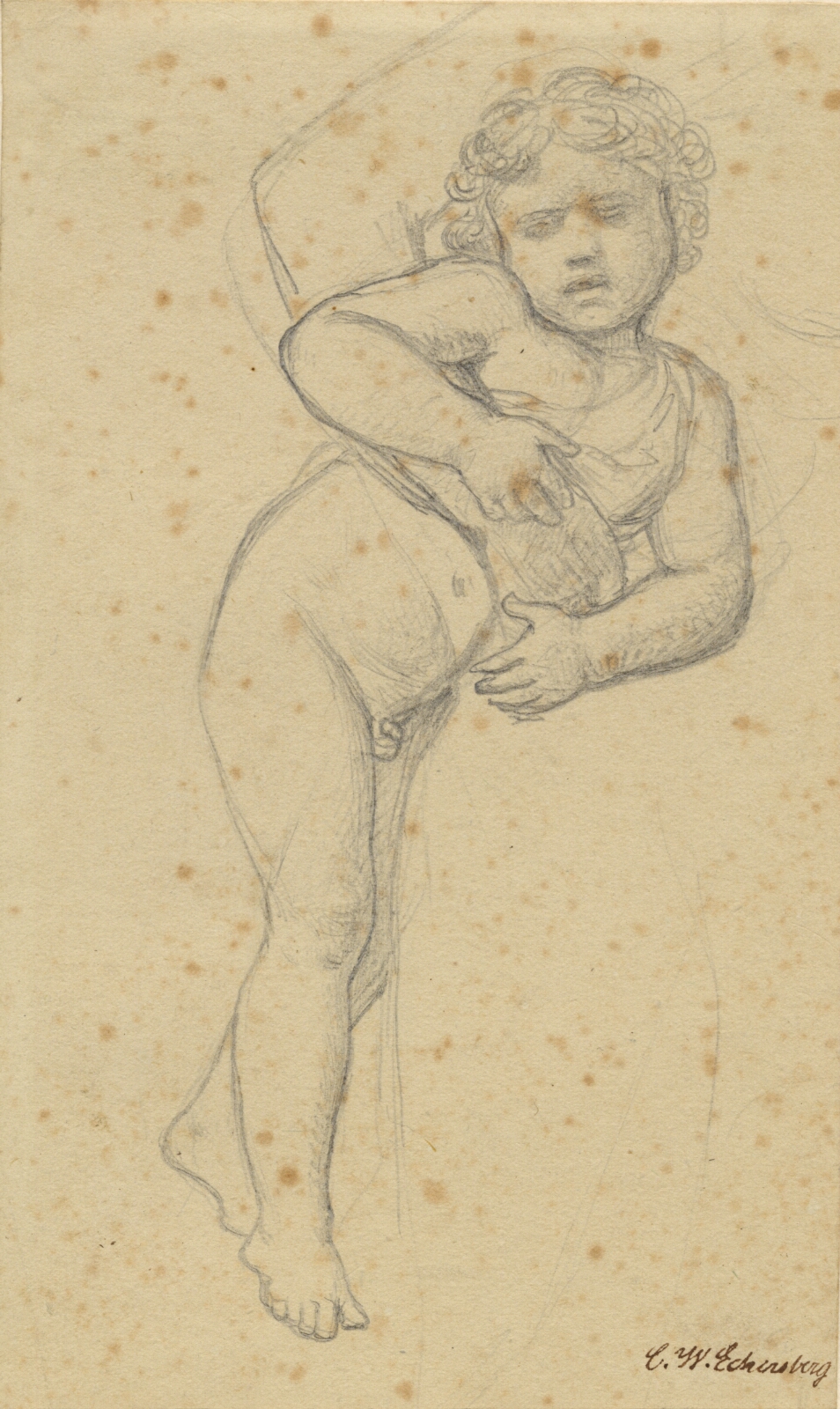 C.W. Eckersberg, En nøgen dreng støtter sig mod sin moders knæ.