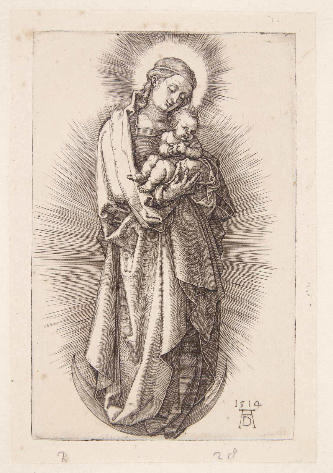 Albrecht Dürer, Madonna, med kort hår, vendt mod højre, stående på seglmåne