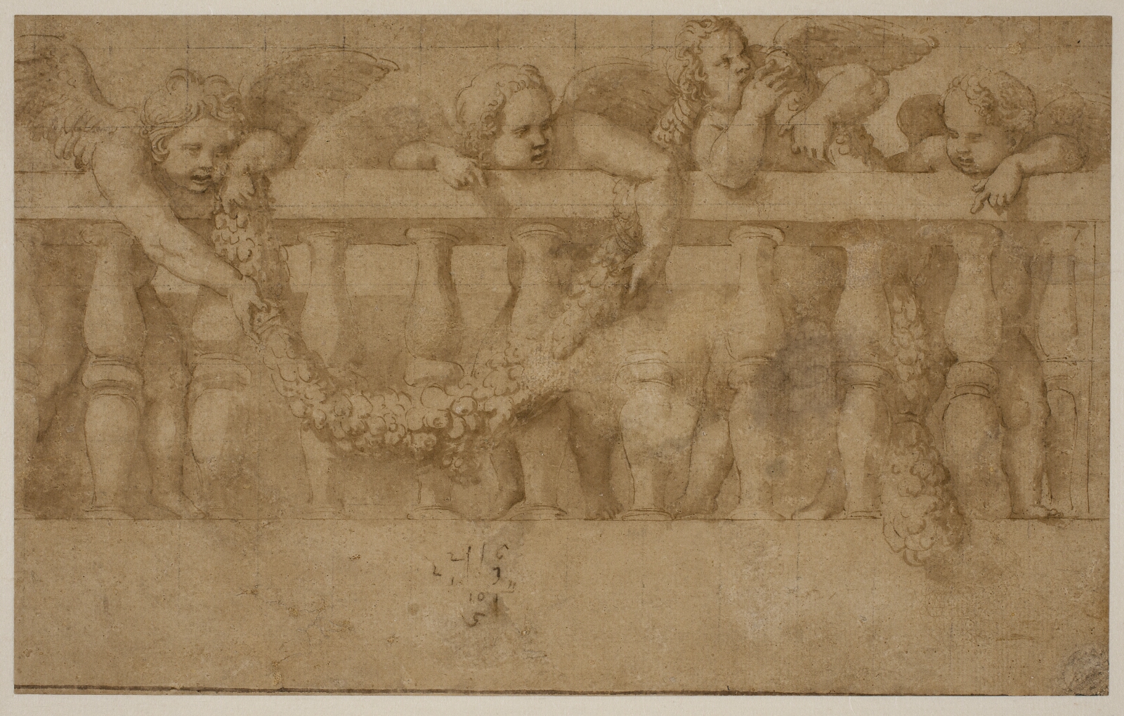 Giulio Romano, Fire bevingede putti hænger festoner på en balustrade
